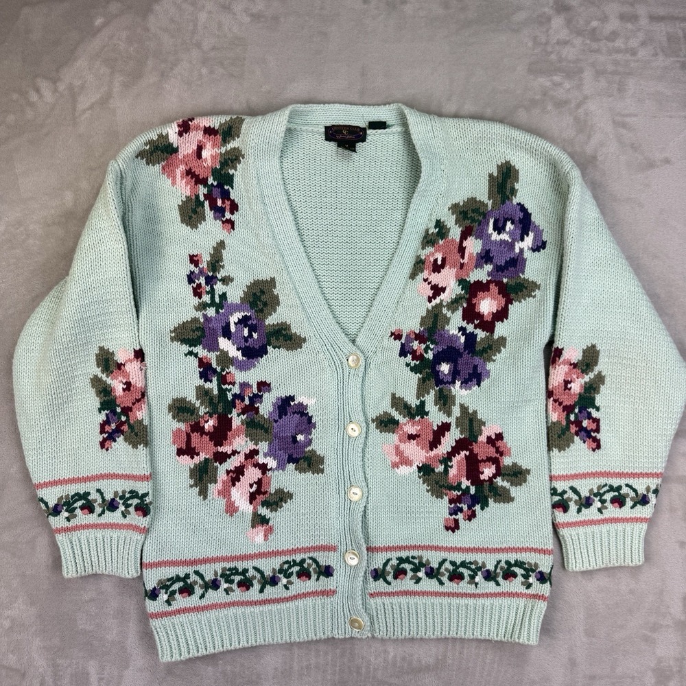 Vtg Hand Knit Charter Club Floral Cardigan‎ Womens M Cottagecore Granny Sweater